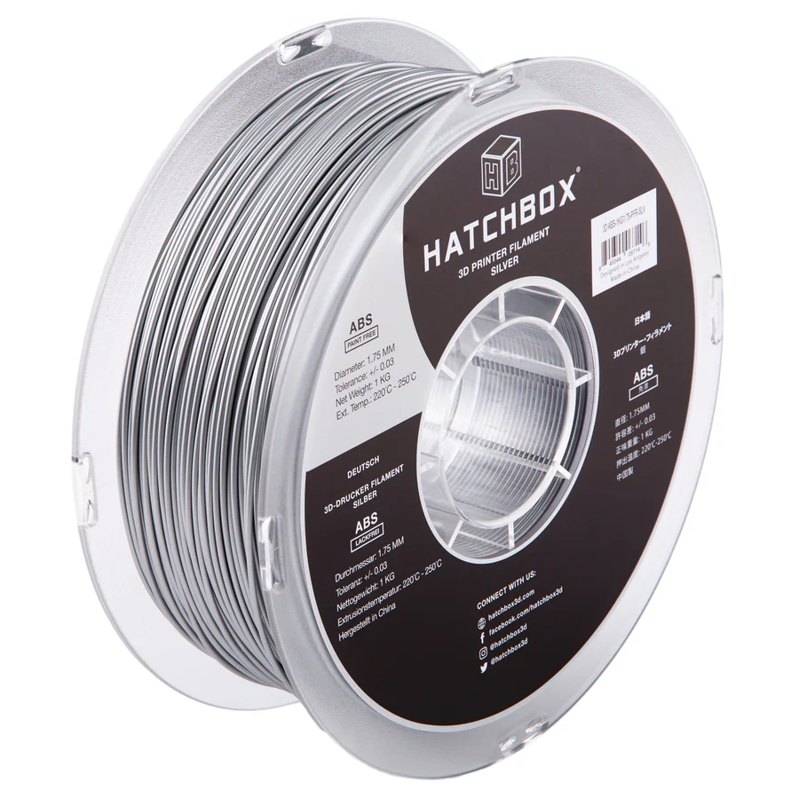 HATCHBOX SILVER PAINT FREE ABS FILAMENT - 1.75MM, 1KG SPOOL (5 Pack)