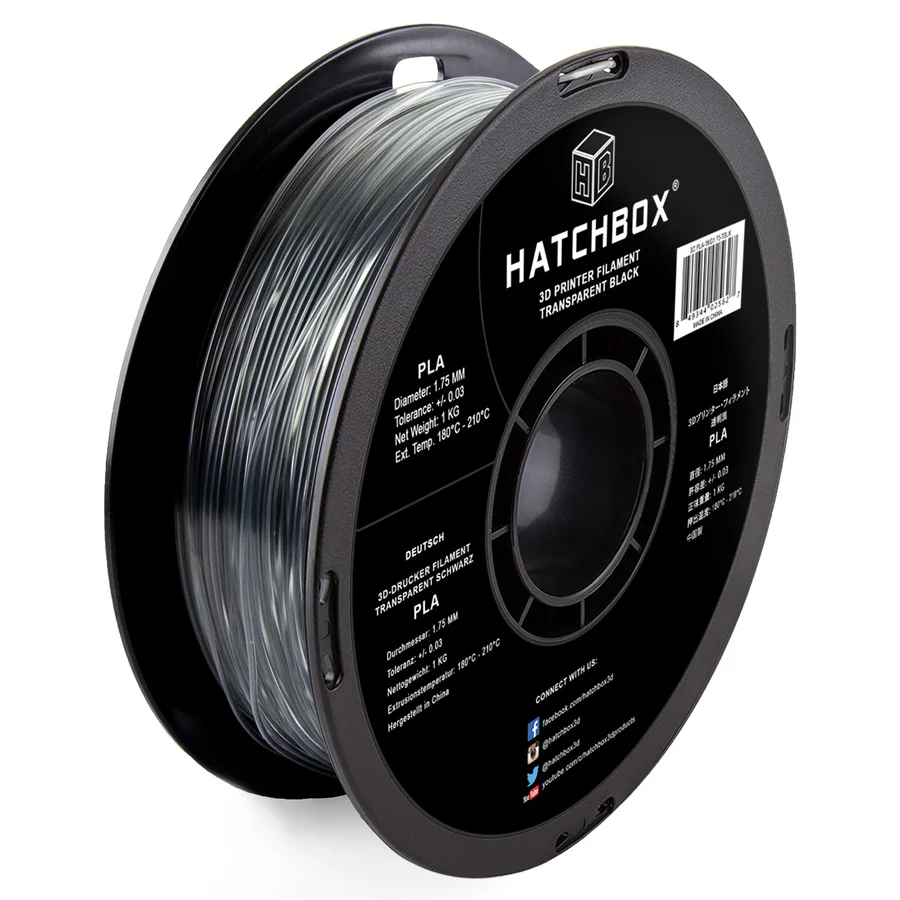 HATCHBOX TRANSPARENT BLACK PLA FILAMENT - 1.75MM, 1KG SPOOL (10 Pack)