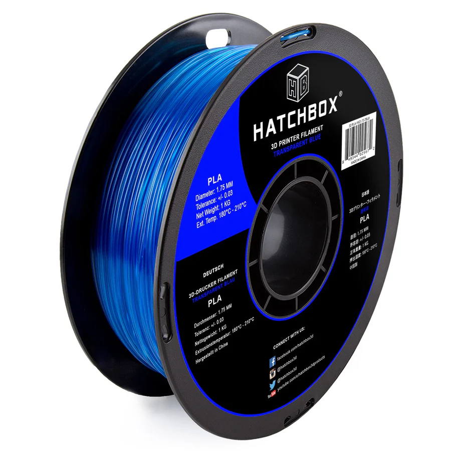 HATCHBOX TRANSPARENT BLUE PLA FILAMENT - 1.75MM, 1KG SPOOL (10 Pack)