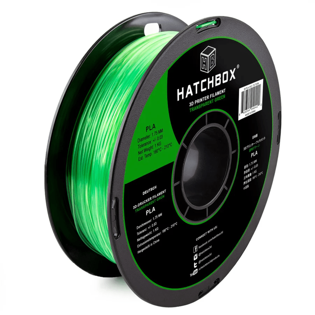 HATCHBOX TRANSPARENT GREEN PLA FILAMENT - 1.75MM, 1KG SPOOL (10 Pack)