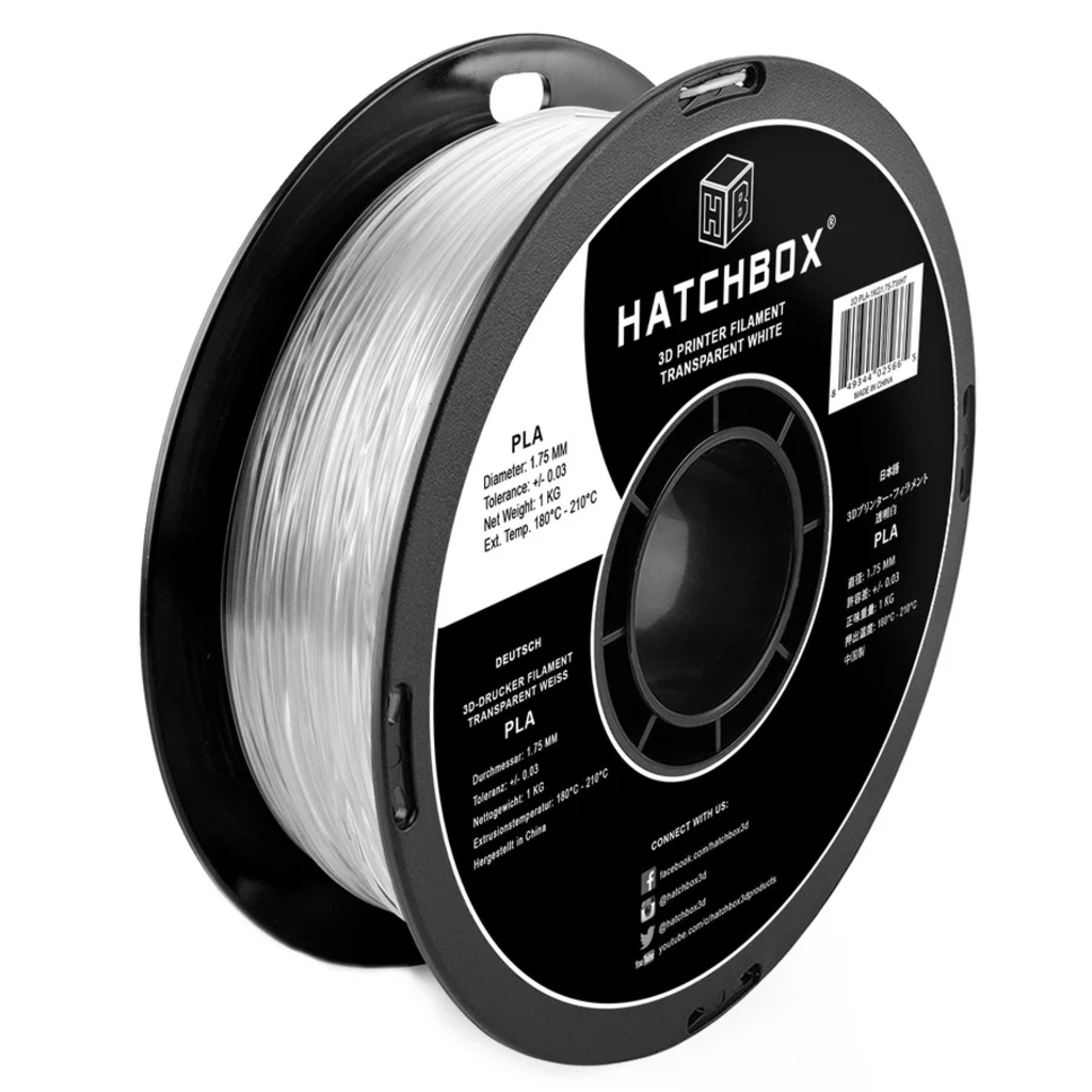 HATCHBOX TRANSPARENT WHITE PLA FILAMENT - 1.75MM, 1KG SPOOL (10 Pack)