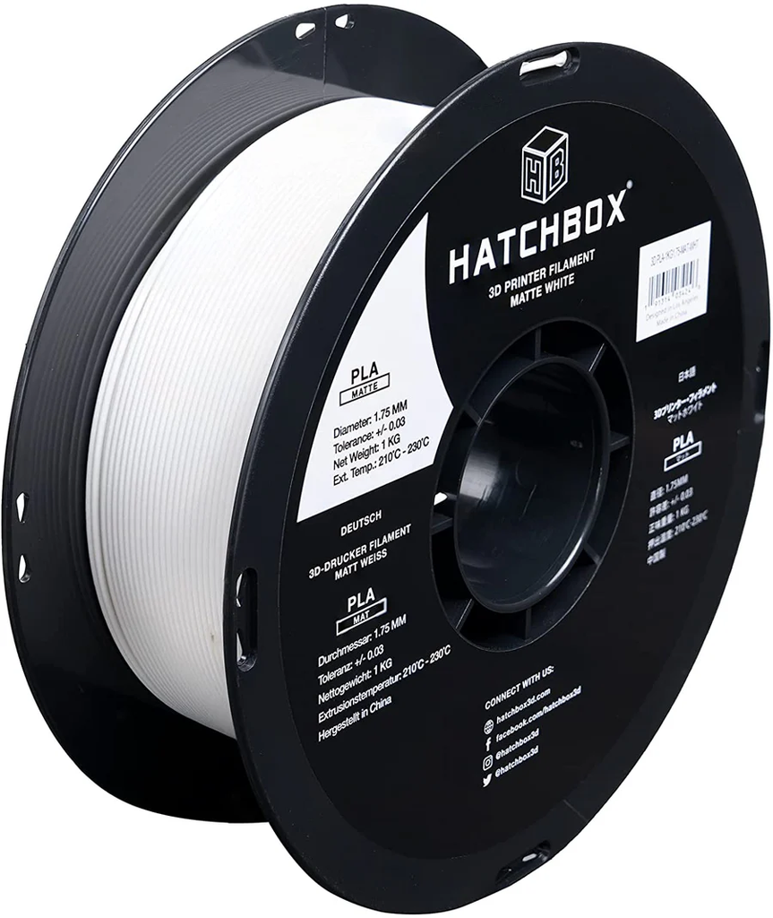 HATCHBOX WHITE MATTE PLA FILAMENT - 1.75MM, 1KG SPOOL (10 Pack)